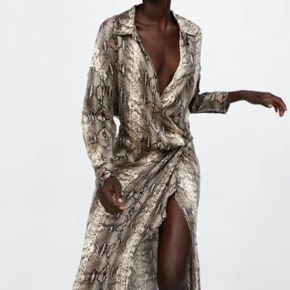 ZARA FLOWING V-NECK SNAKESKIN PRINT LONG SHIRT DRESS | Size Small - Picture 2 of 16